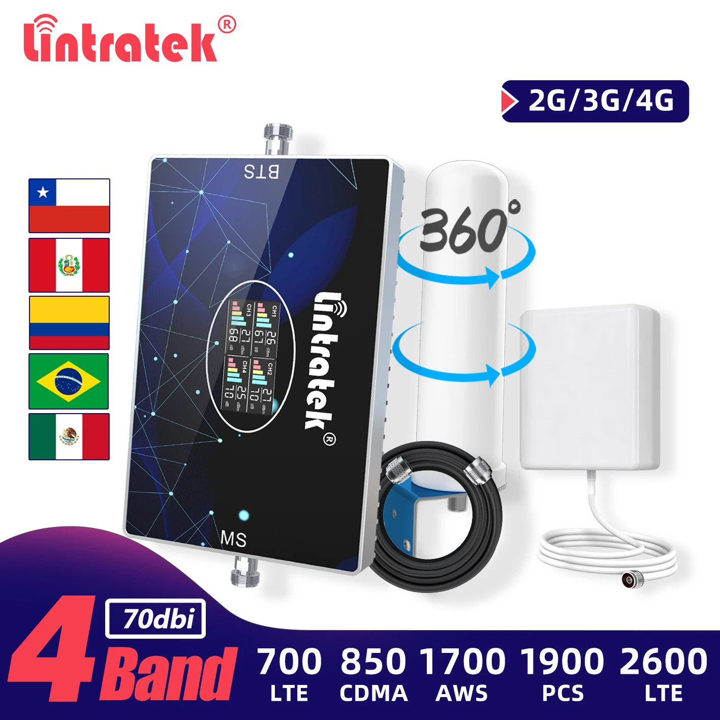 Четырехдиапазонный ретранслятор сигнала Lintratek 70db B28 LTE 800 2600 1700 1900 усилитель