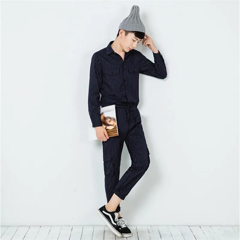 

New 100% Cotton Striped Belt Jumpsuit Men Nightclub Slim Fit Rompers Fashion Hip Hop Overalls Male Summer Straight Trouser