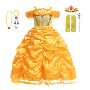 Cosplay Belle Princess Dress The Beauty and The Beast Dress Child Christmas Party Costume Flowers Print Off Shoulder Prom Dress