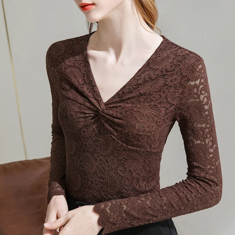 

New Spring Autumn Women Tshirts V-neck Sexy Lace Long Sleeve Solid color Bowknot White 3XL Top 2020 Fall Womens Clothing Fashion