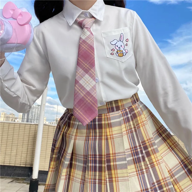 

Women Blouses Shirt 2021 Long sleeve White Printing Rabbit Lapel Short Sleeve With Tie Bow Korean JK Style Female Shirts Blusas