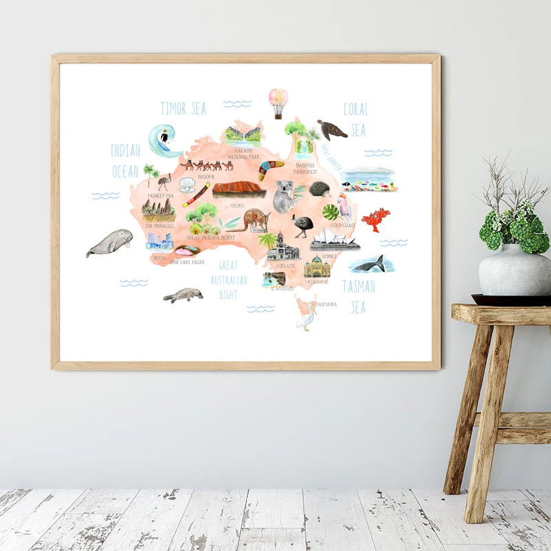 Акварель Австралия Карта плакат печать путешествия подарок идея животные