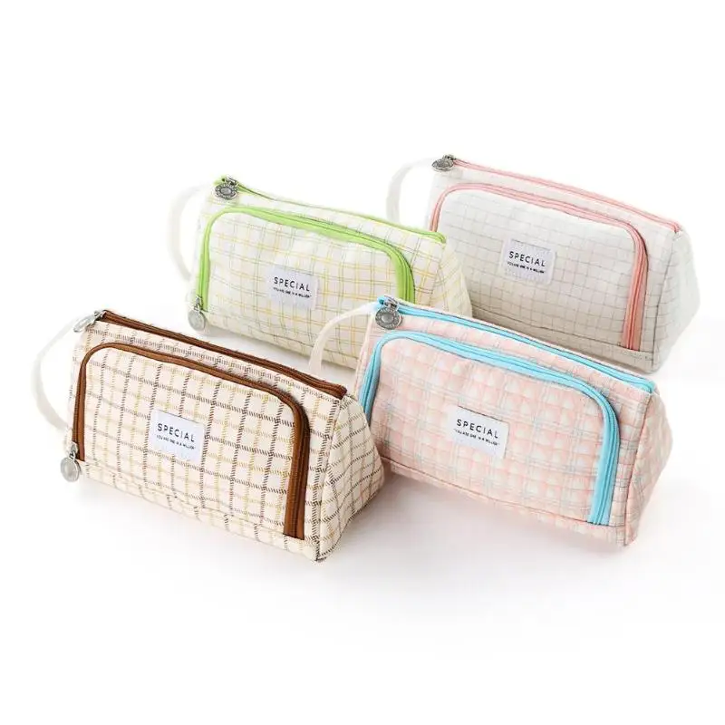 

Simple Lattice Cotton Large Capacity Cosmetic Bags Canvas School Stationery Box Multi-function and Humanized Intimate Design