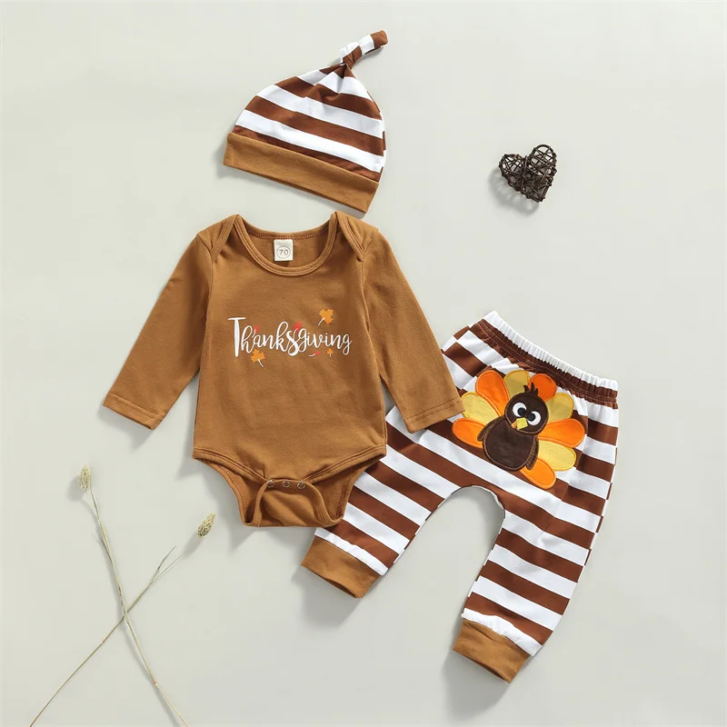 

Baby Thanksgiving Day Outfits Long Sleeve Letter Print Romper + Turkey Pants + Hat 3 Piece Set for Toddler Boys Girls 0-18M