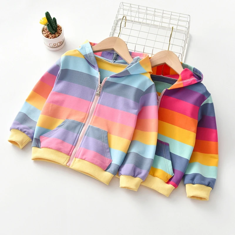 

TRainbow Striped Jacket Zipper Hoodie Clothing For Baby Girls Boy Coat Fashion Jacket Autumn Kids Outerwear Children Girl Cloth