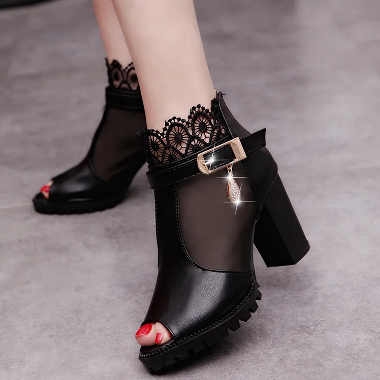 

2021 new Korean lace mesh fish mouth boots spring short boots breathable women's shoes high heel sandals Roman shoes 35-40