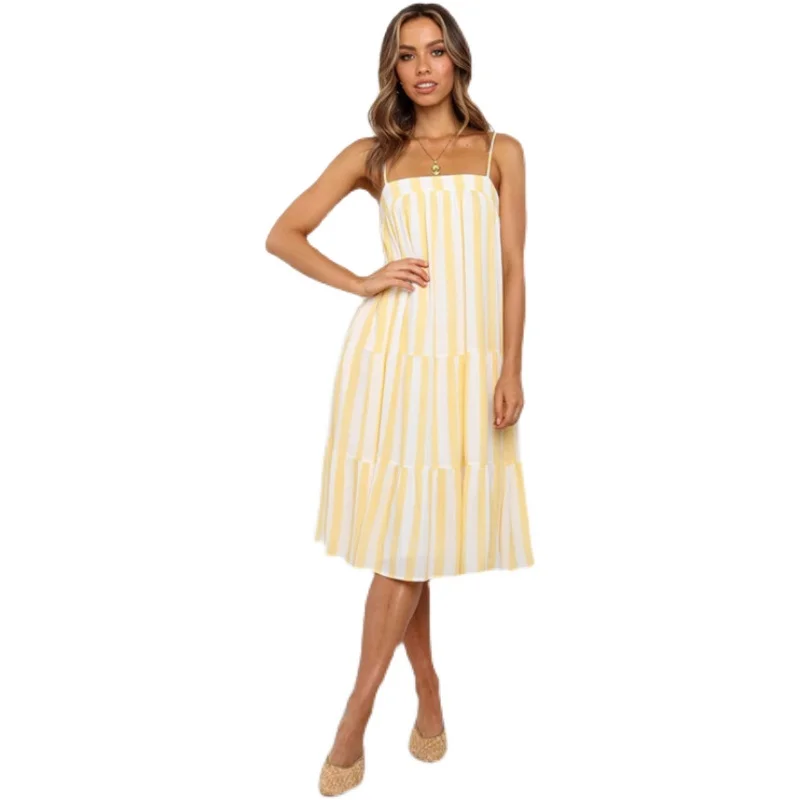 

Spaghetti Strap Dress Women Summer Outfits 2021 Chic Stripe Midi Dresses Sleeveless Knee Length Sundresses Holiday Casual Wear