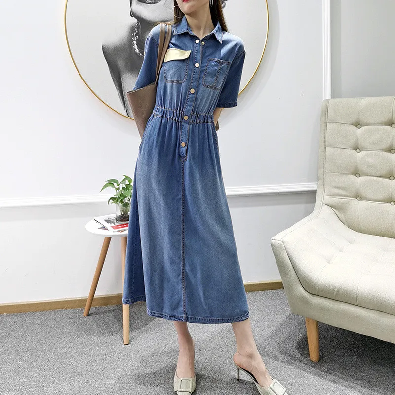 

Fashion Summer Streetwear Women 2021 New Trend Short Sleeve Elastic Waist Blue Soft Lyocell Denim Dress Casual Robe Femme