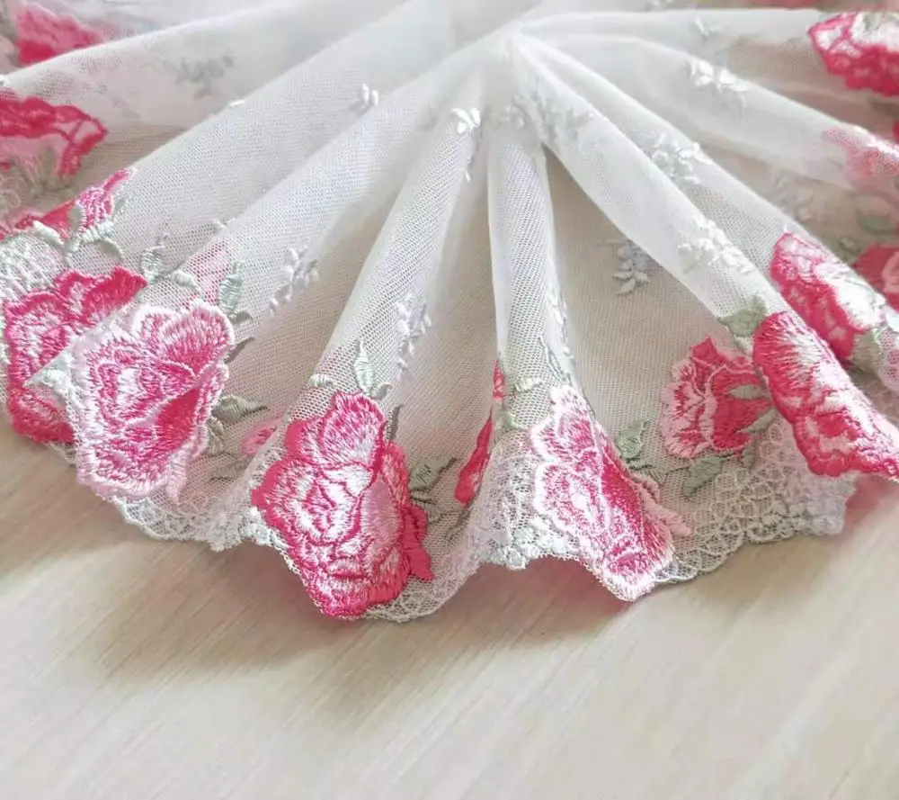 Великолепная Тюлевая кружевная отделка розовые розы Цветочная вышивка кружево 11