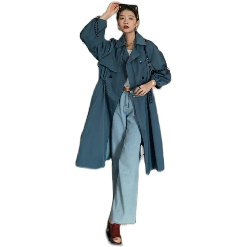 

2020 autumn solid Women's double-breasted elegant turn-down collar pleated casual preppy style windbreaker coat V311