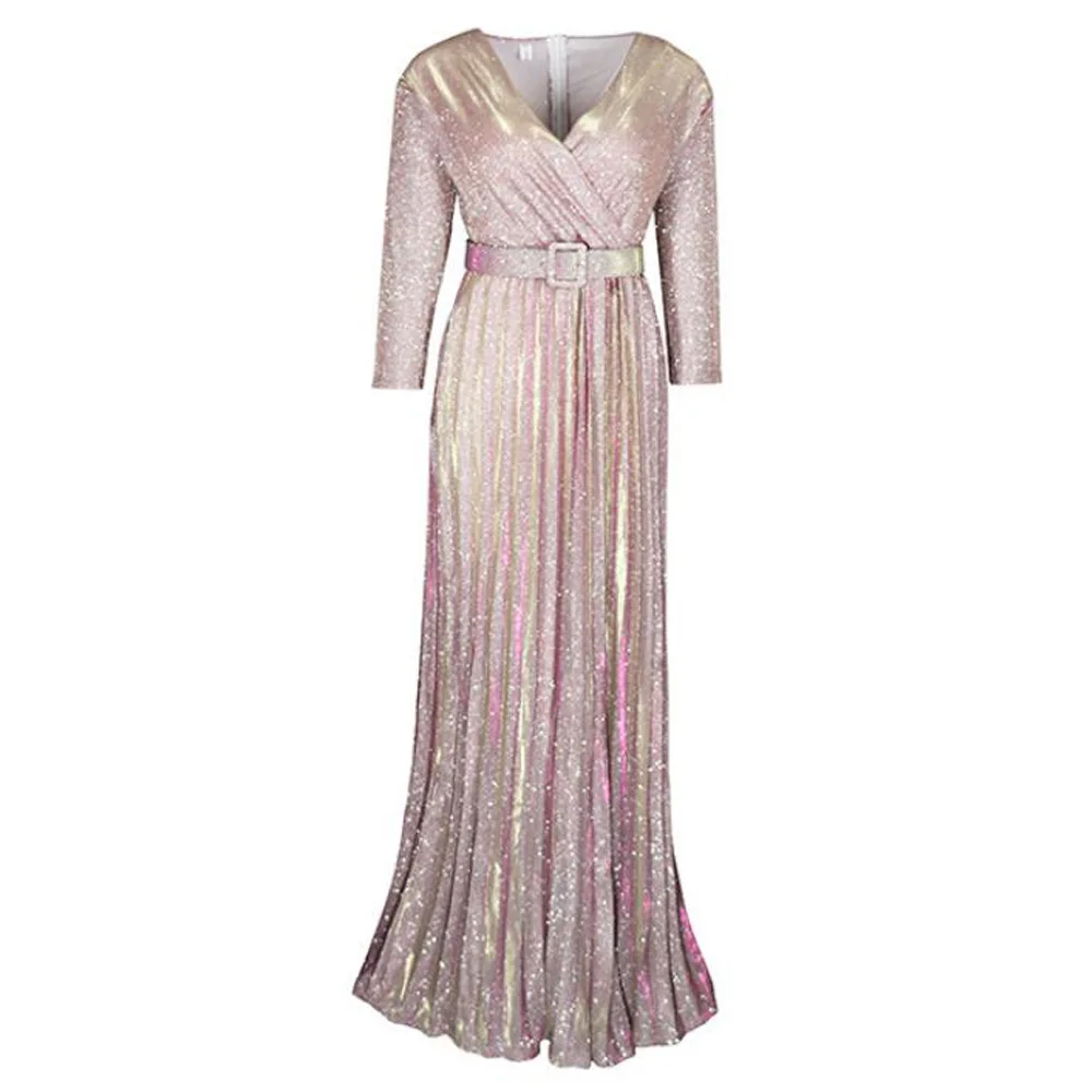 

Elegant Long Maix Dress For Women 3/4 Sleeve V-Neck Belted Formal Evening Party Dress Ladies A Line Pleated Dress Robe Femme