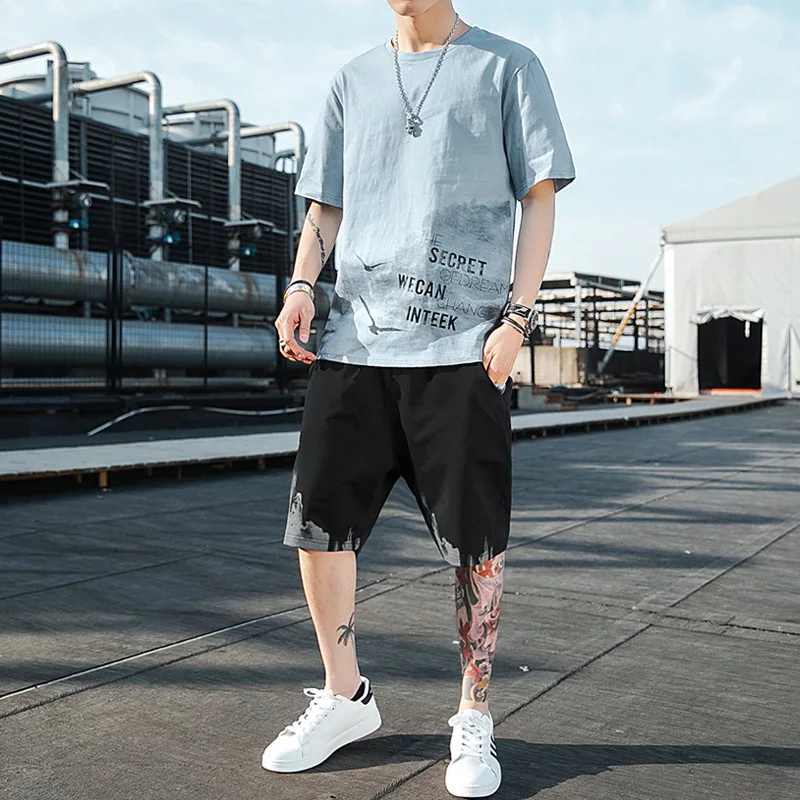 

2021 Short-sleeved T-shirt + Sports Shorts 2-piece Men's Summer Casual Sports Suit Korean Style Trendy Streetwear Men Short Sets