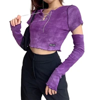 women%e2%80%99s casual stitching long sleeve t shirt fashion tie dye chain v neck exposed navel tops