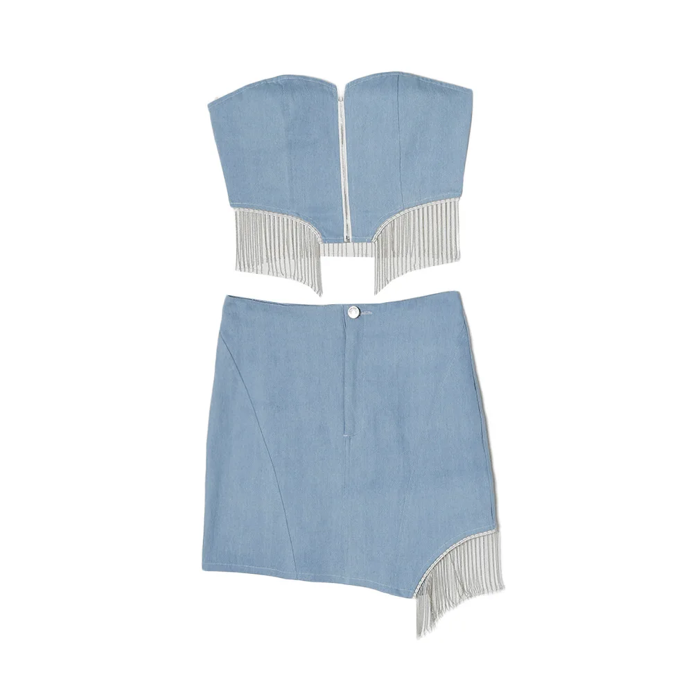 BKLD модный синий джинсовый комплект из двух предметов женский костюм укороченный