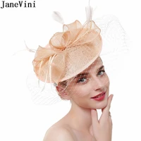 janevini net feather wedding hats for women elegant fashion church tea party hat bridal short veil headband hair accessories