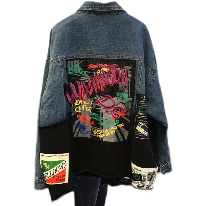 

Women's Denim Jacket 2021 Spring Korean Style Loose Thin Color Patch Pattern Letter Blouse Commute Pocket Blue Breasted Fashion