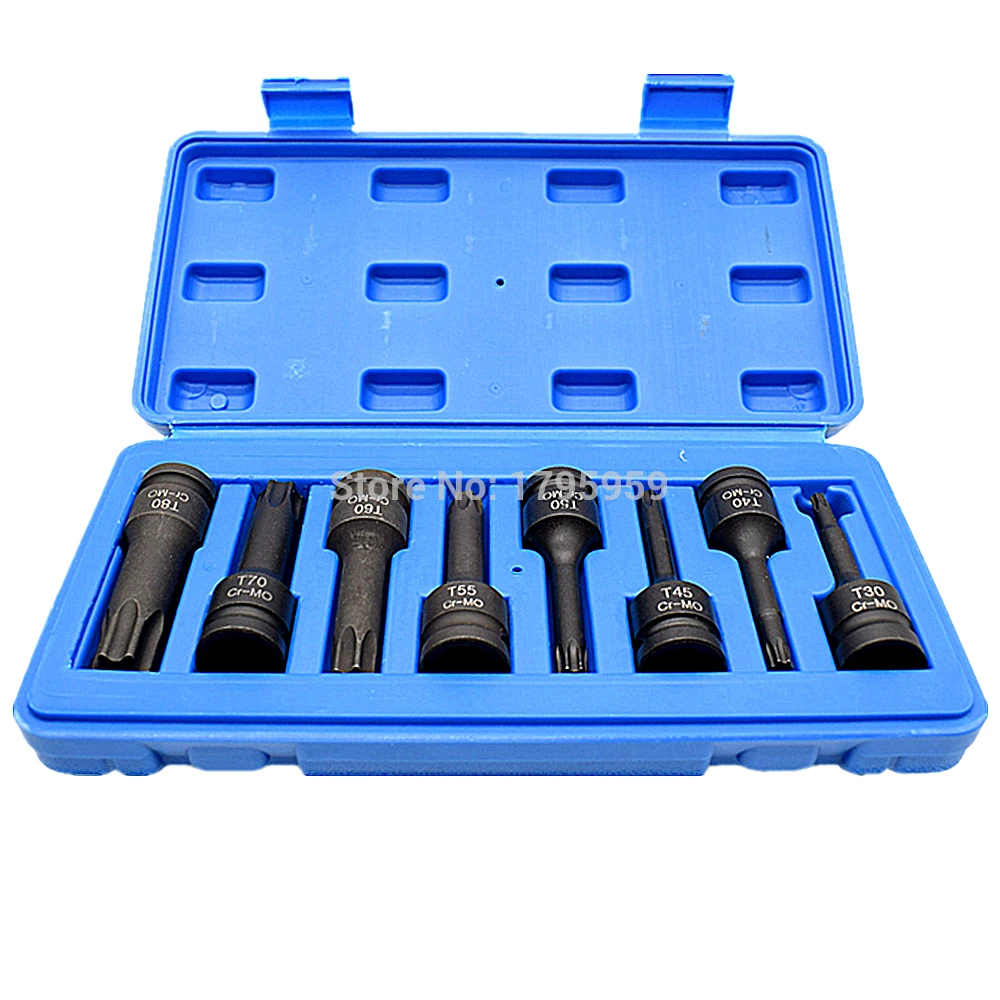 

Torx Bit Star Socket 1/2" Square Drive 8pcs Set T30 T40 T45 T50 T55 T60 T70 T80 CR-MO Impact Socket Bit Tool 78mm Long with Case