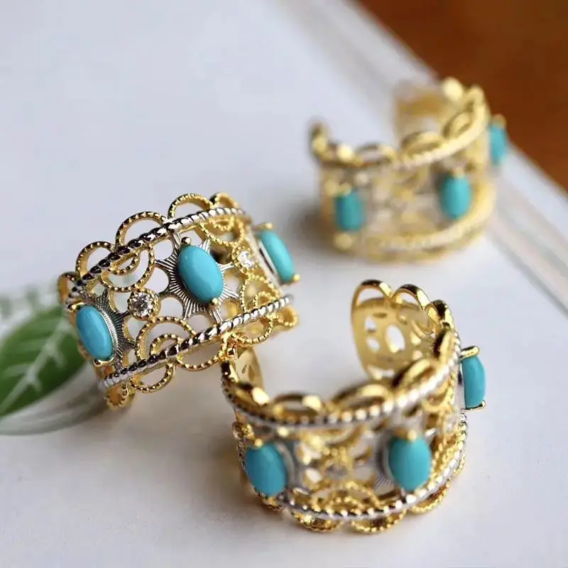 

Designer craftsmanship synthetic blue turquoise opening ring lace hollow pattern noble charm women silver jewelry