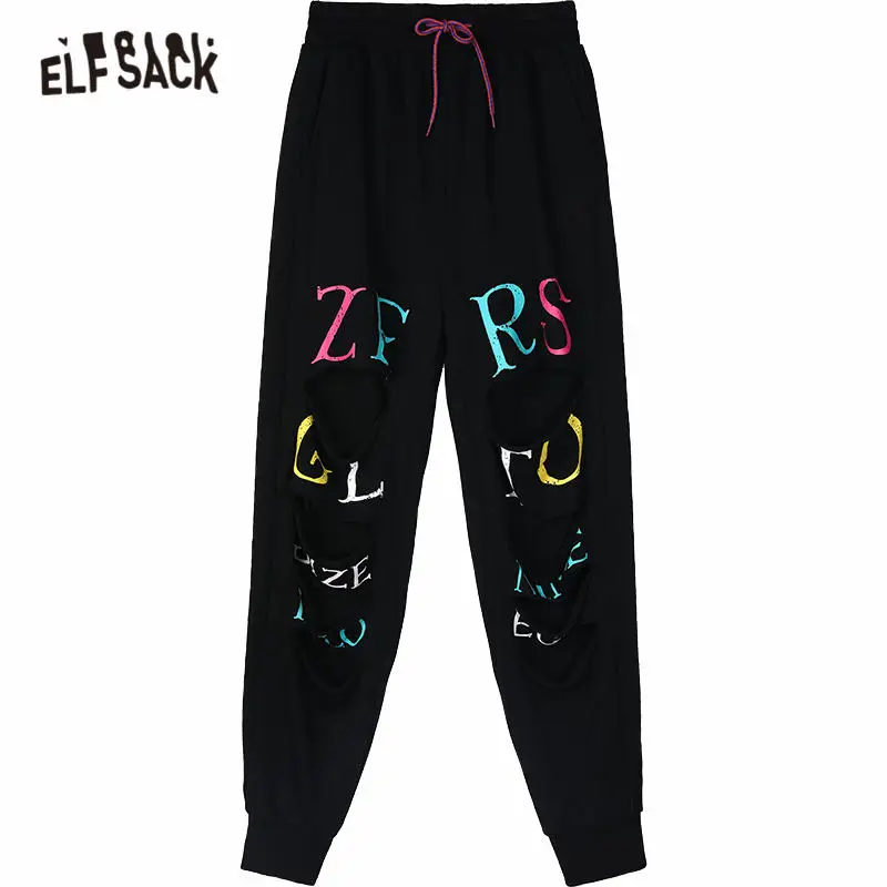

ELFSACK Black Letter Print Straight Casual Women Pants 2020 Autunmn ELF Elastic Waist Ripped Hole Korean Ladies Daily Trouser