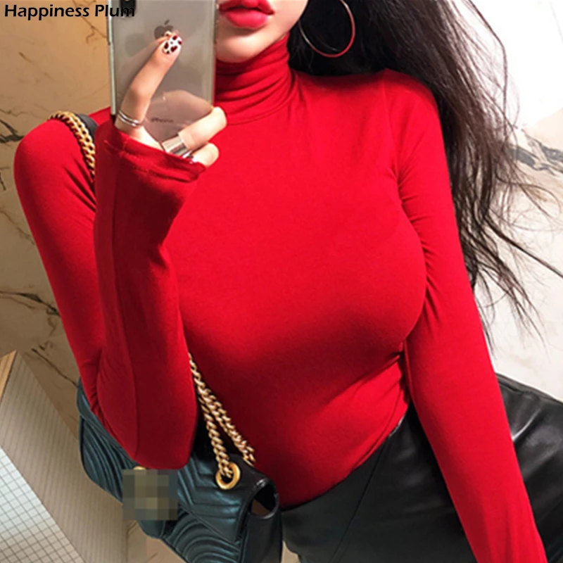 

Turtleneck Spring Top Sexy T Shirt Women Elasticity T-Shirt Korean Tee Woman Clothes Slim Tshirt Female Skinny Long Sleeve Tops