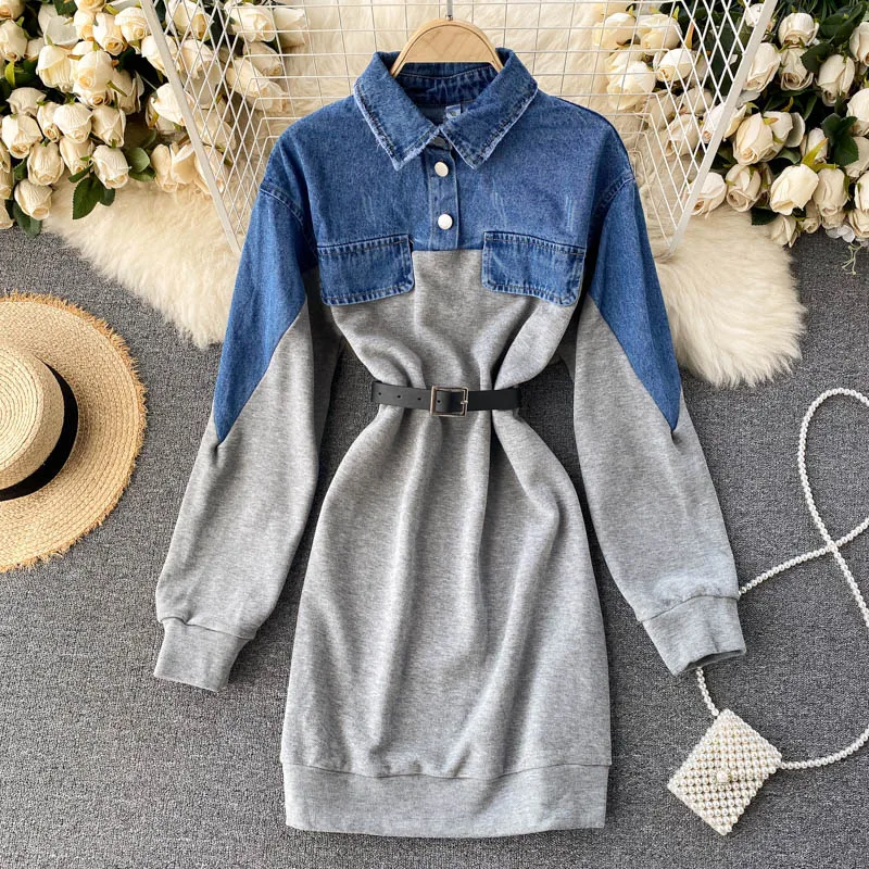 

Casual Unique Patchwork Denim Short Hoodies Style Dress Preppy Young Women Dress