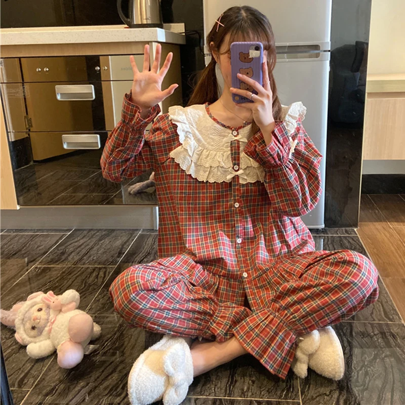 

Korean Vintage Plaid Pajamas Set Women Fashion Ruffle Sleepwear Casual Mori Girls Outwear Home Suit Medieval Flare Sleeve S1025
