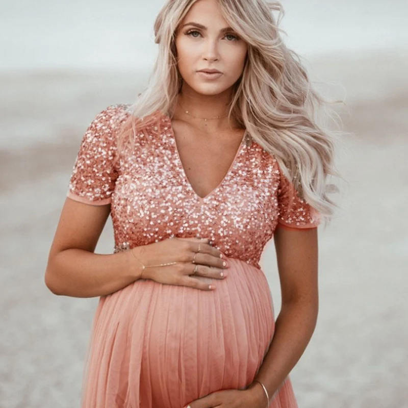 OkayMom реквизит для фотосъемки беременных длинное розовое платье с блестками