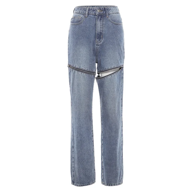 

[DEAT] High Waist Wide Leg Blue Zipper Hollow Out High Street Jeans New Loose Women Trousers Fashion Spring Autumn 2021 GX953