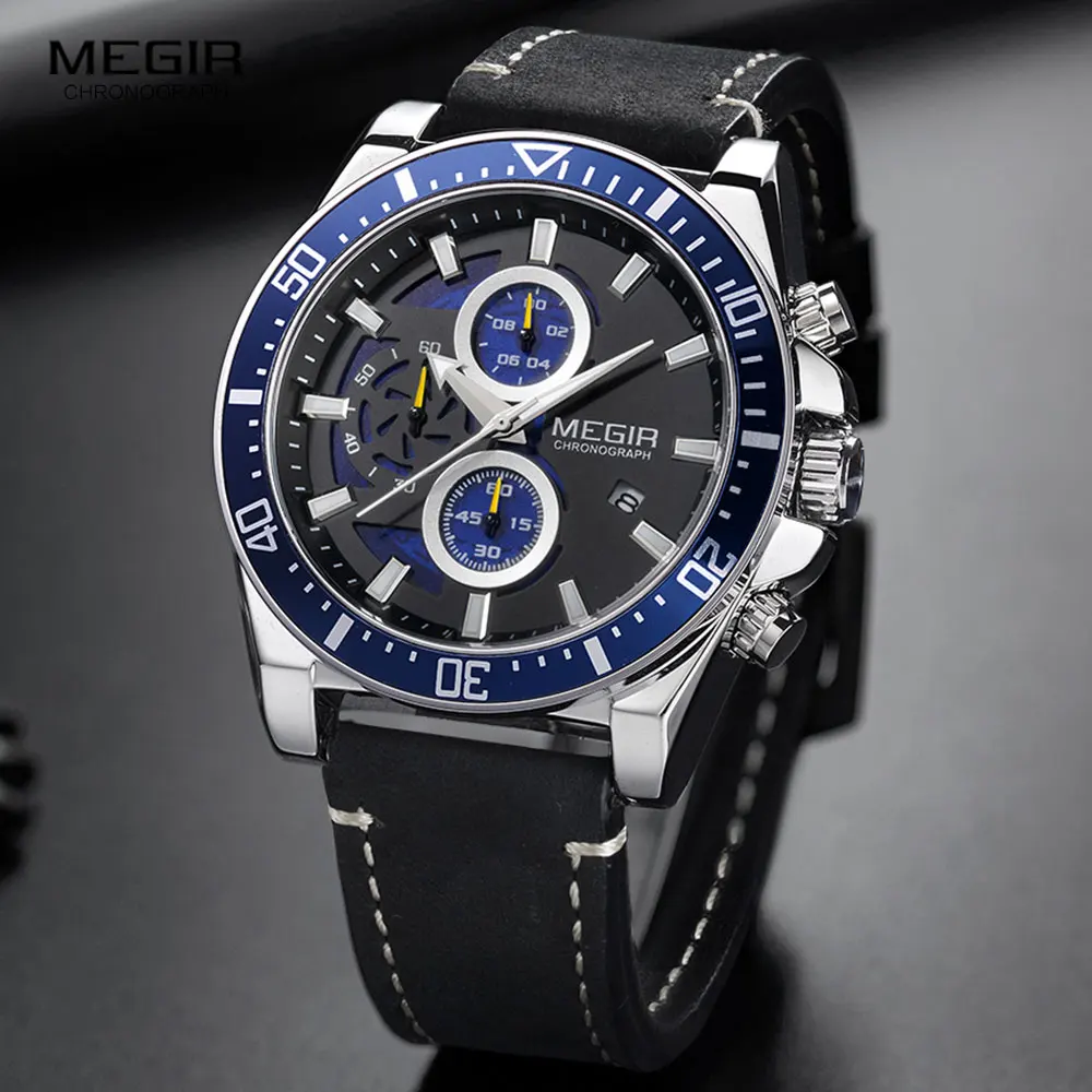 MEGIR повседневные спортивные часы для мужчин модный кожаный ремешок Хронограф