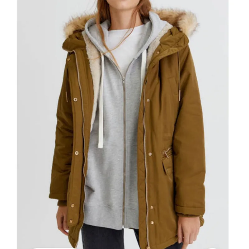 

Loose Parka For Women Winter 2021 Casual Wool Collar Long Black Fleece Jacket Warm Coat Female Thick Hooded Outwear