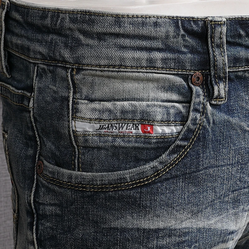 European American Vintage Fashion Men Jeans Retro Blue Elastic Slim Fit Ripped Jeans Men Distressed Designer Casual Denim Pants