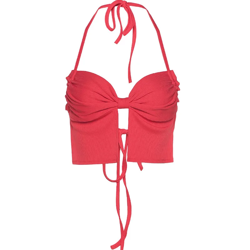 

Sexy Deep V-Neck Solid Color Halter Neck Women Sleeveless Fashion Street Style Tanks Lace Up Backless Party Club Tank Tops