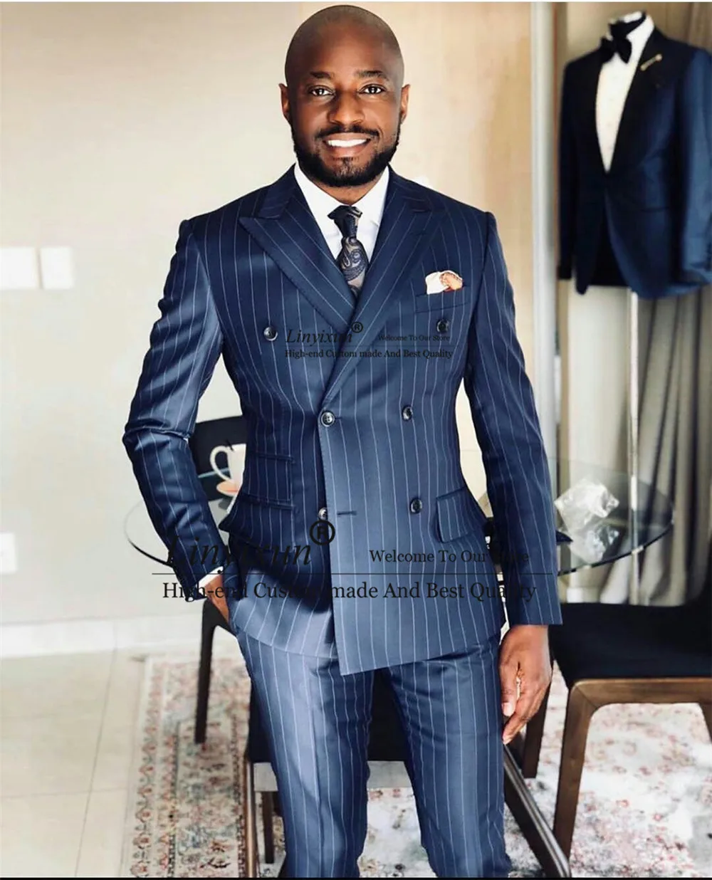 

Fashion Pinstripe Mens Suits Slim Fit Office Formal Business Blazer Wedding Groom Tuxedo Prom Party Costume Homme (Jacket+pants)