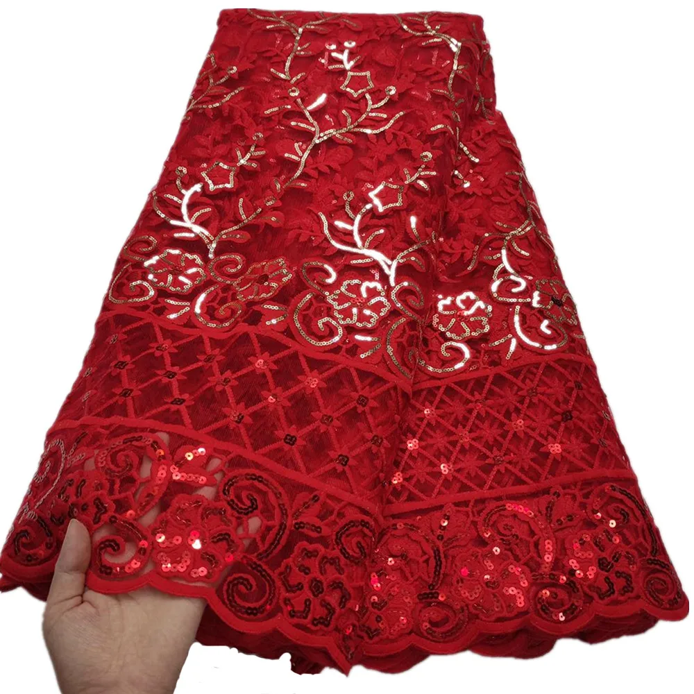 

African Sequins Net Lace Fabric High Quality Elegant Red Nigerian Wedding Lace Fabrics Sewing French Tulle Lace 5yards Zf19-30