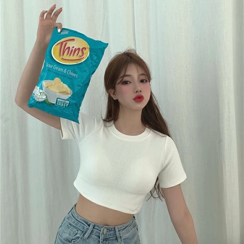 

Beach Ultra-Short Cut Waist Yellow T-Shirt Round Neck Short-Sleeved Korean Top Fashion All-Match Summer Clothes Nightclub Party