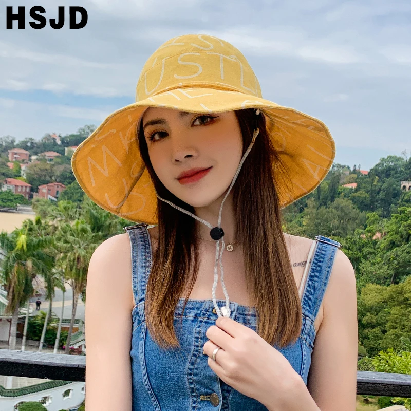 Fashion Letter Print Summer Women Sun Hats Floppy Bucket Cap Wide Brim Foldable Anti-UV Beach Caps Female Panama Fisherman hat