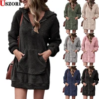 2022 new women autumn winter long sweater double sided velvet hooded loose zipper plush pocket sweater coat