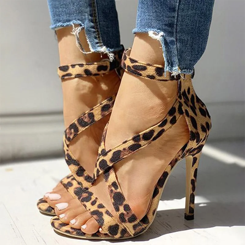 

Woman's Pumps Thin High Heels Leopard Cross Tie Zipper Female Sandals Open Toe Suede Leather Party Wedding Sexy Shoes Ladies New