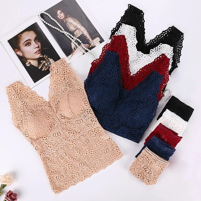 

Top Women's Bra Sexy Set Floral Cami Padded Tank Lace Cami Bralette Crochet Flower Bra Vest Bustier and Briefs