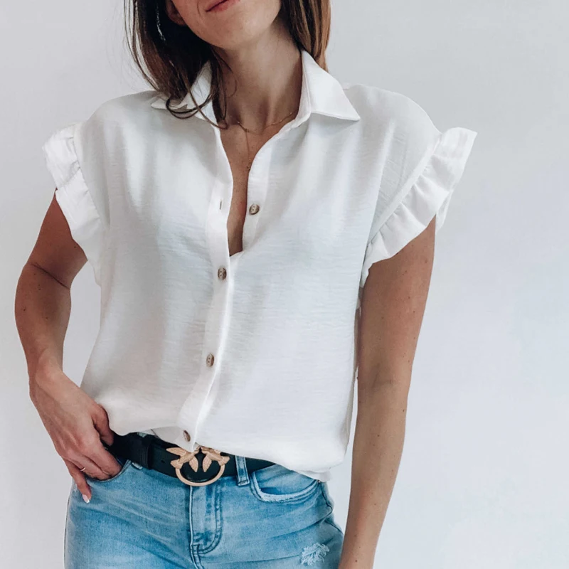 

Women Elegant Solid Turn-Down Collar Shirts Fashion Ruffle Short Sleeve Casual Blouses Office Lady Button Loose Tops Blusa Mujer