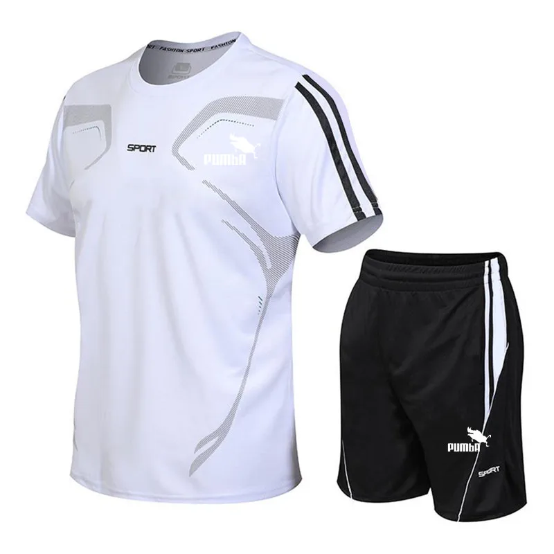 

2021 Men Casual Set Fashion 2 PCS Sweat Suit Striped Short Sleeve T-shirt Shorts Sets Male puma Sportswear Tracksuit Summer Spor