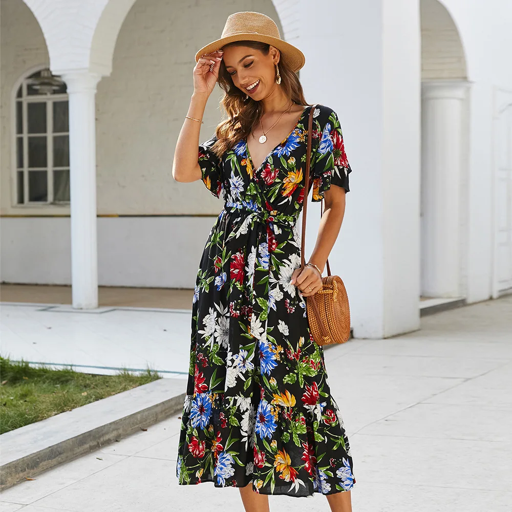 Женское летнее платье с цветочным принтом в стиле бохо элегантный сексуальный