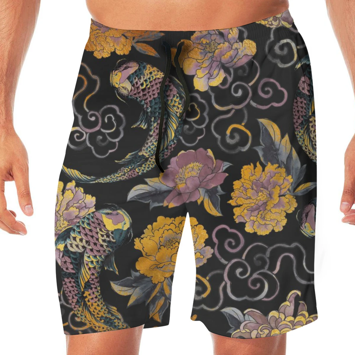 

Men Casual Summer Hawaiian Beach Pants Half Trousers Japanese Asian Flowers And Koi