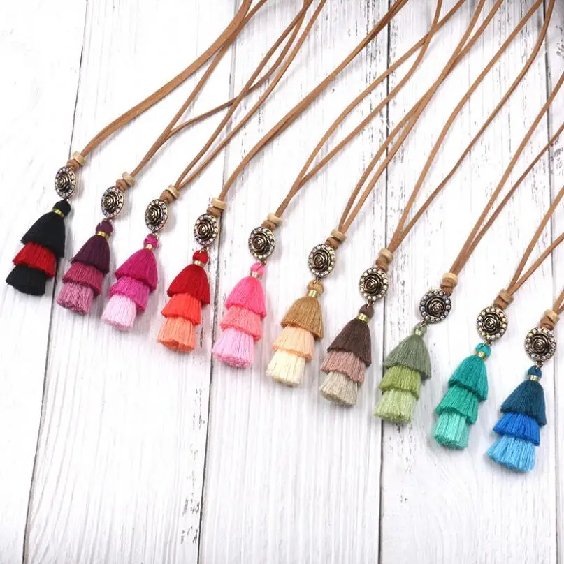 Этническое богемное винтажное розовое ожерелье трехслойное хлопковое с