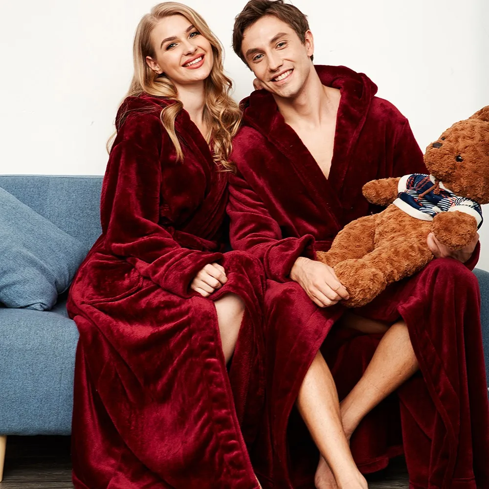 MEN&WOMEN Thick Warm Sleepwear Winter Ultral Long Large Flannel Men Robe Gown Casual Loose HOOD Bathrobe For 130KG Home Clothes