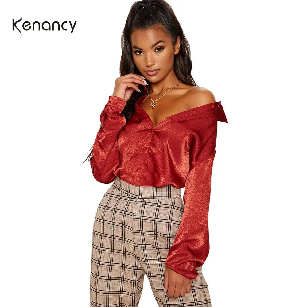 Женская блузка с длинным рукавом Kenancy повседневная однотонная красная отложным