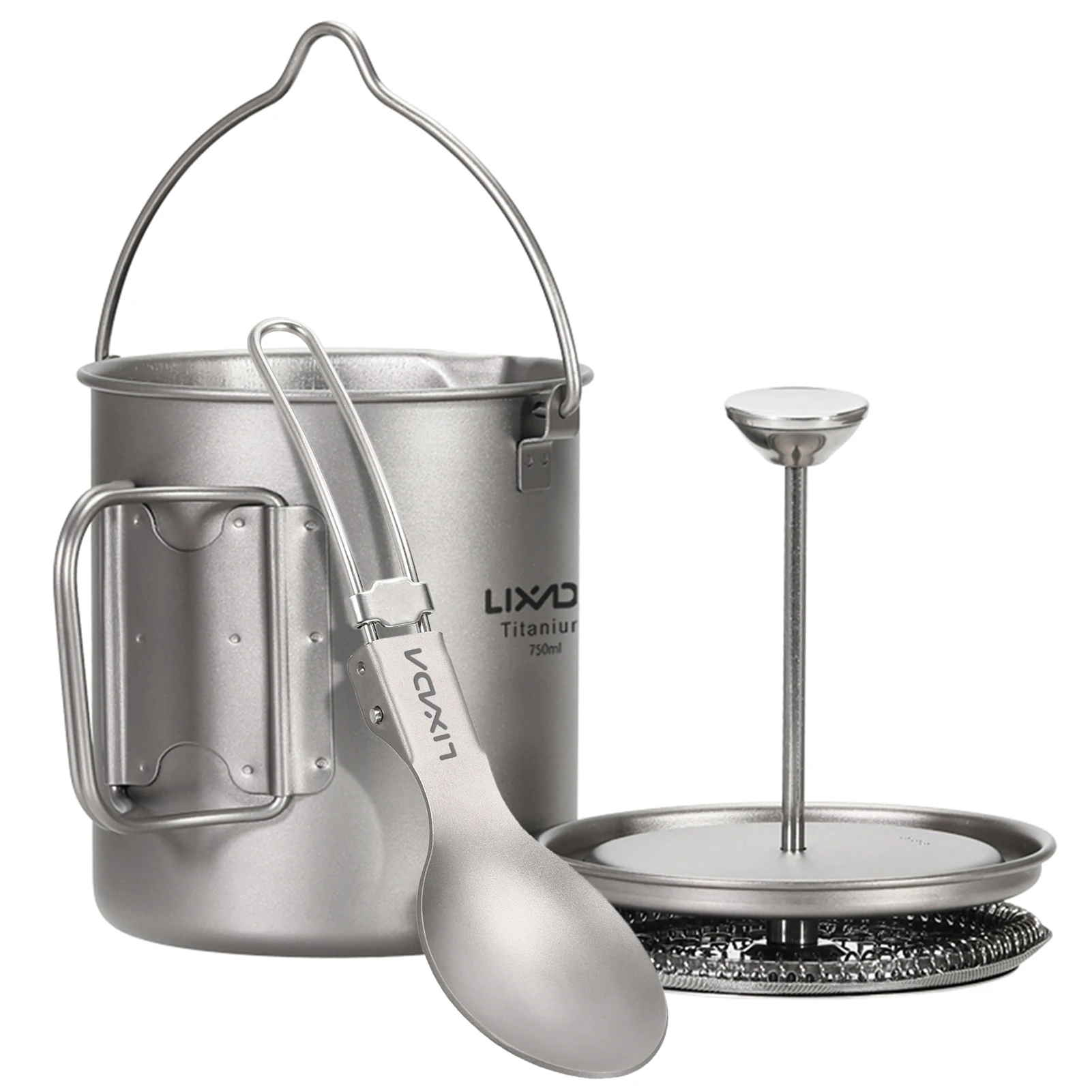 

Lixada 750ml Titanium Coffee Cup Mug French Press Pot Coffee Maker Outdoor Camping Cooking Pot with Folding Titanium Spoon