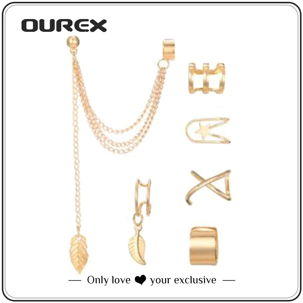 

OUREX New Fashion Punk Style Alloy Leaves Star Long Chain Cuff Earrings Simple Design Clip Earrings For Women Party Jewelry