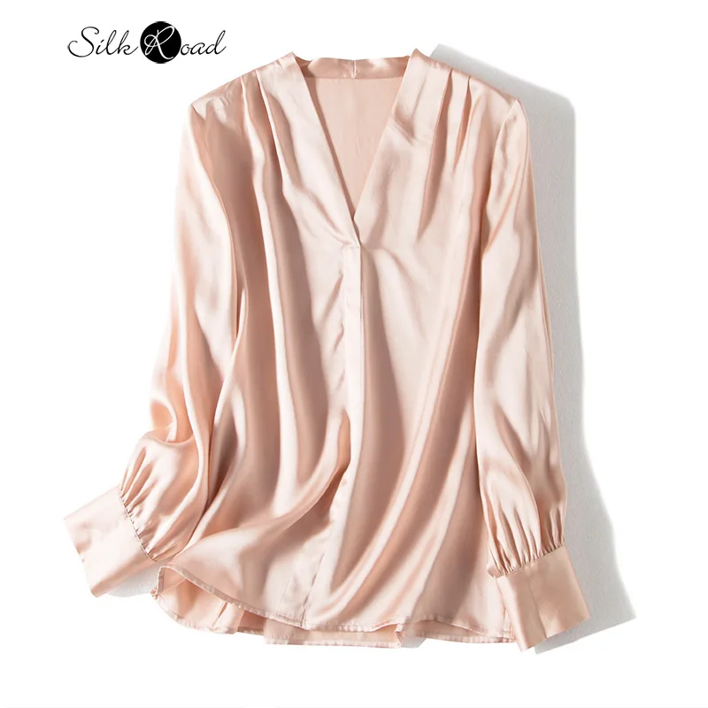 Silviye Silk Satin V-neck Long-Sleeve Hoodie with Sleeves 100% Mulberry Silk Wild Shirt Women's New