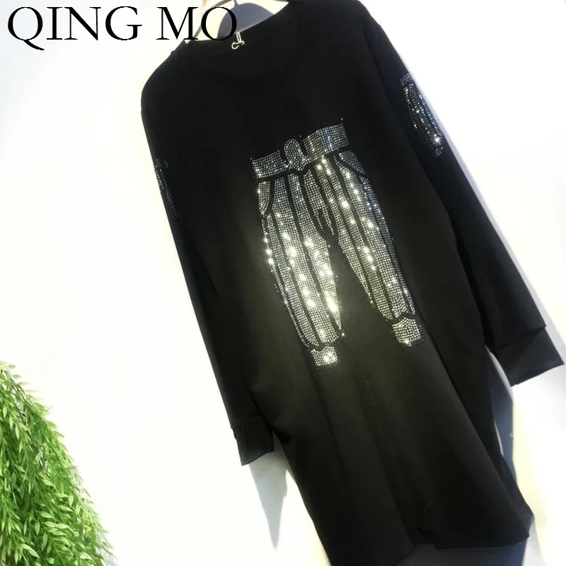 QING MO женское платье с принтом, стразы, женское осеннее элегантное платье, черная футболка, платье высокого качества ZQY1569